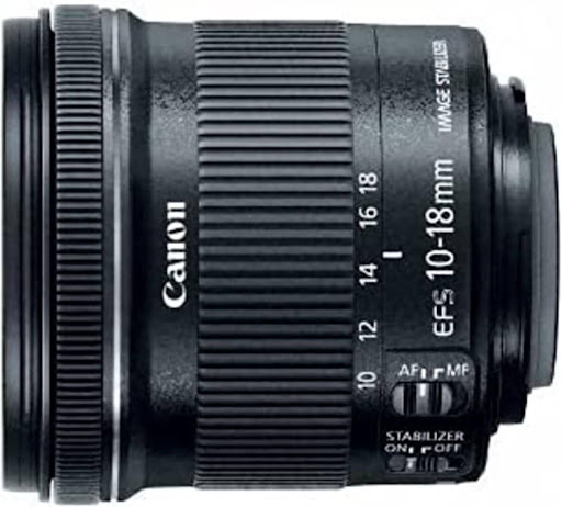Canon EF-S 10-18mm f4.5-5.6 STM lens is cheap and lightweight, and good to take on the go or for vlogging projects.